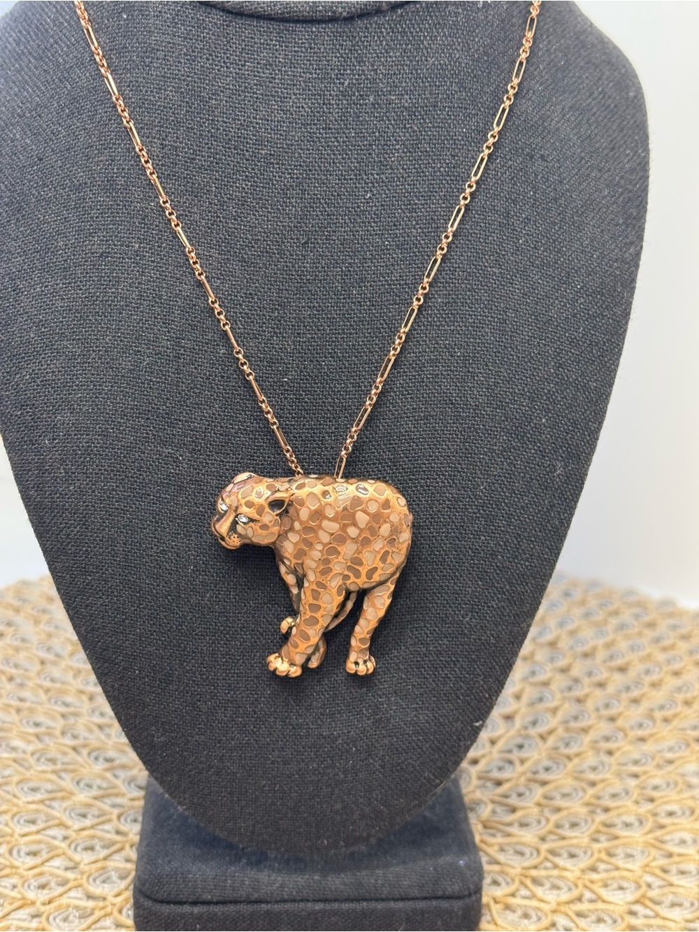 Copper tone Leopard pendant on 16”chain with extension